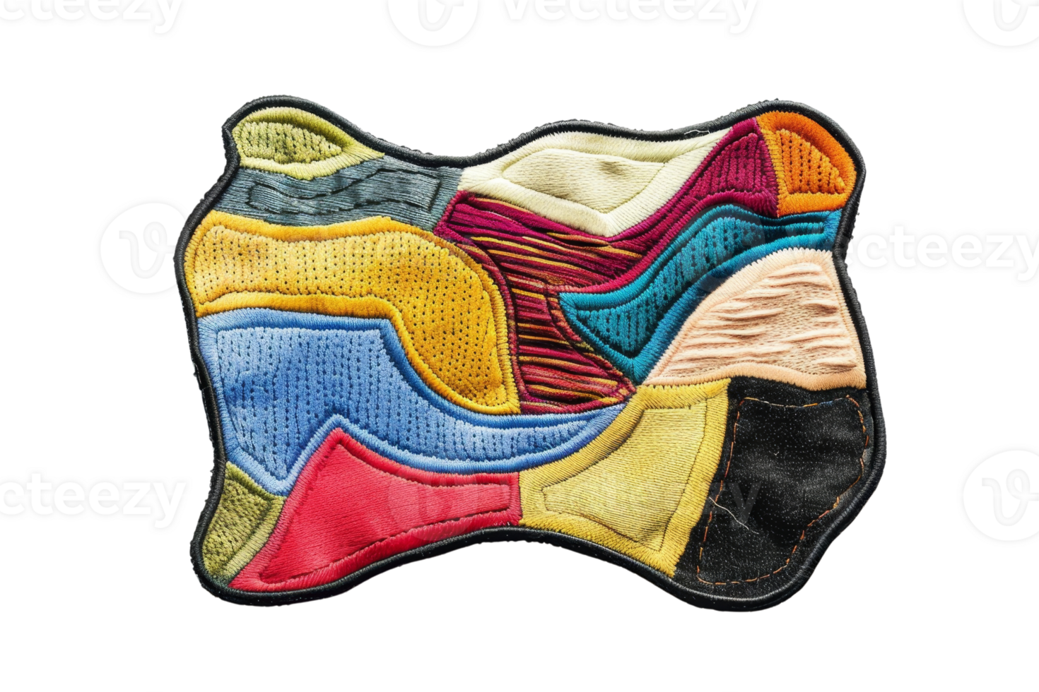 Abstract colorful textile art piece with diverse shapes and textures, perfect for contemporary design inspirations. png