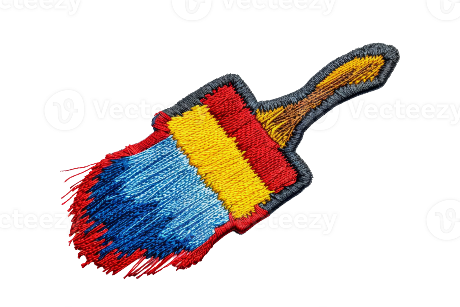A colorful embroidered patch in the shape of a paintbrush with red, yellow, and blue threads. Ideal for artistic and creative projects. png