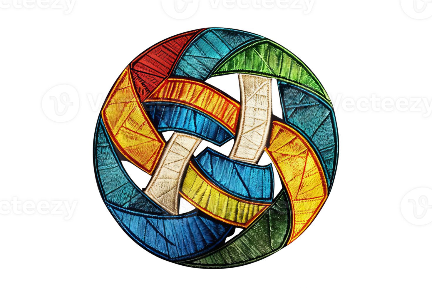 A colorful abstract circular design with intertwined geometric shapes in blue, yellow, red, and green on a transparent background. png