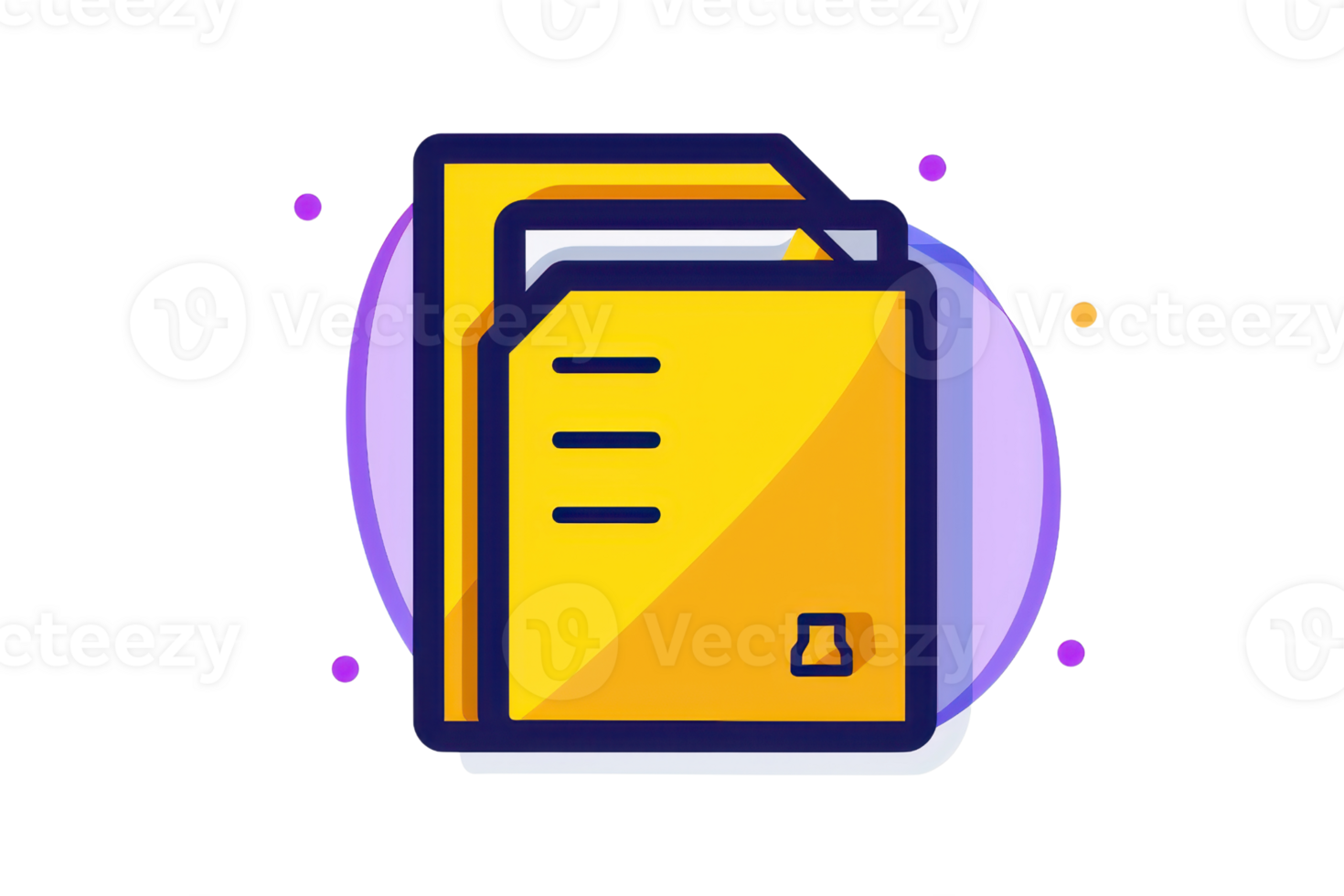 Flat design illustration of yellow documents folder icon with a purple background. Perfect for digital data organization themes. png