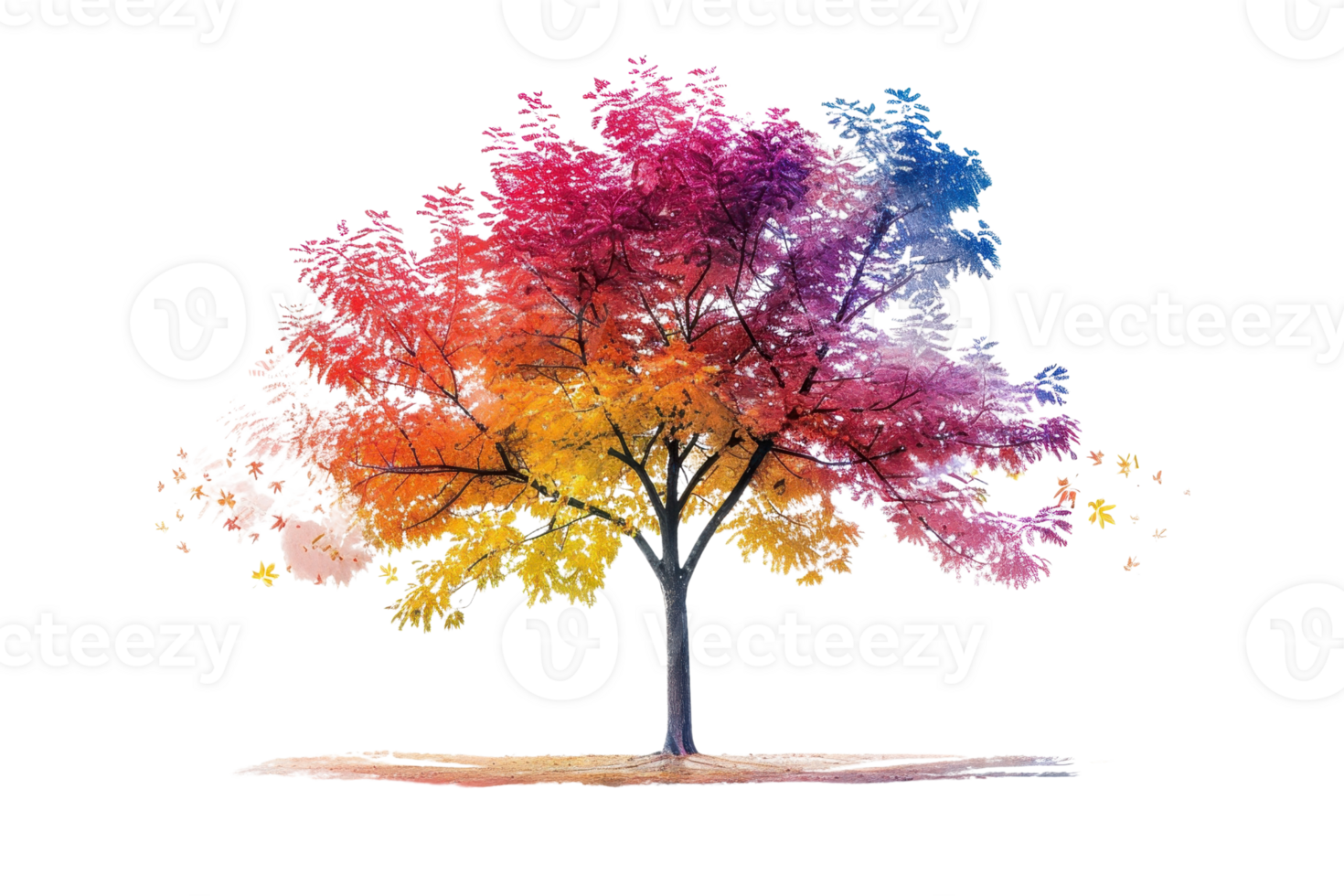 Beautiful watercolor tree with vibrant, multicolored leaves representing different seasons, set on a transparent background. png
