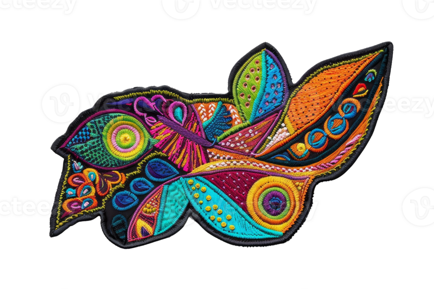 Beautiful multi-colored abstract embroidery patch with intricate swirling and leaf patterns, ideal for fashion decoration or crafting projects. png