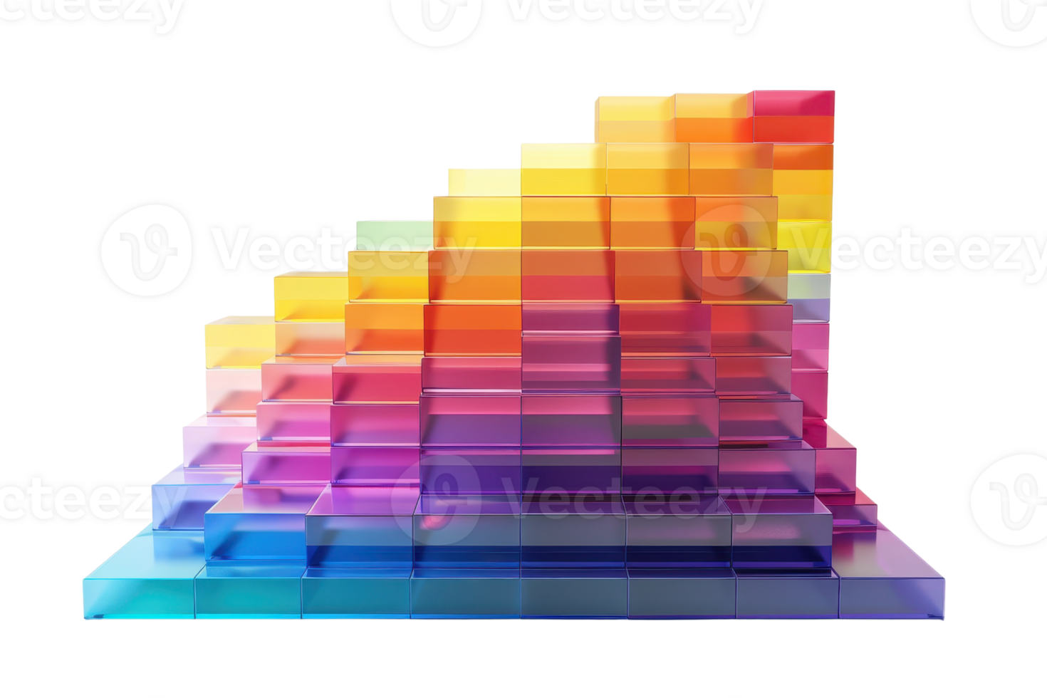 Colorful 3D bar chart illustration with gradient effect, showcasing data analysis, growth, business statistics in vibrant hues. png