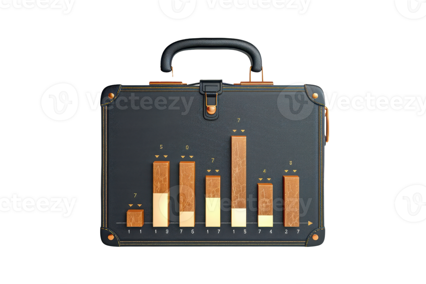 Business briefcase displaying a graph with wooden bars representing growth isolated on transparent background. png