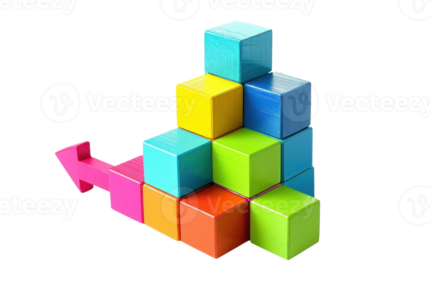 Colorful wooden cubes stacked in a pyramid with an arrow, isolated on a transparent background. symbolizing growth and progress. png