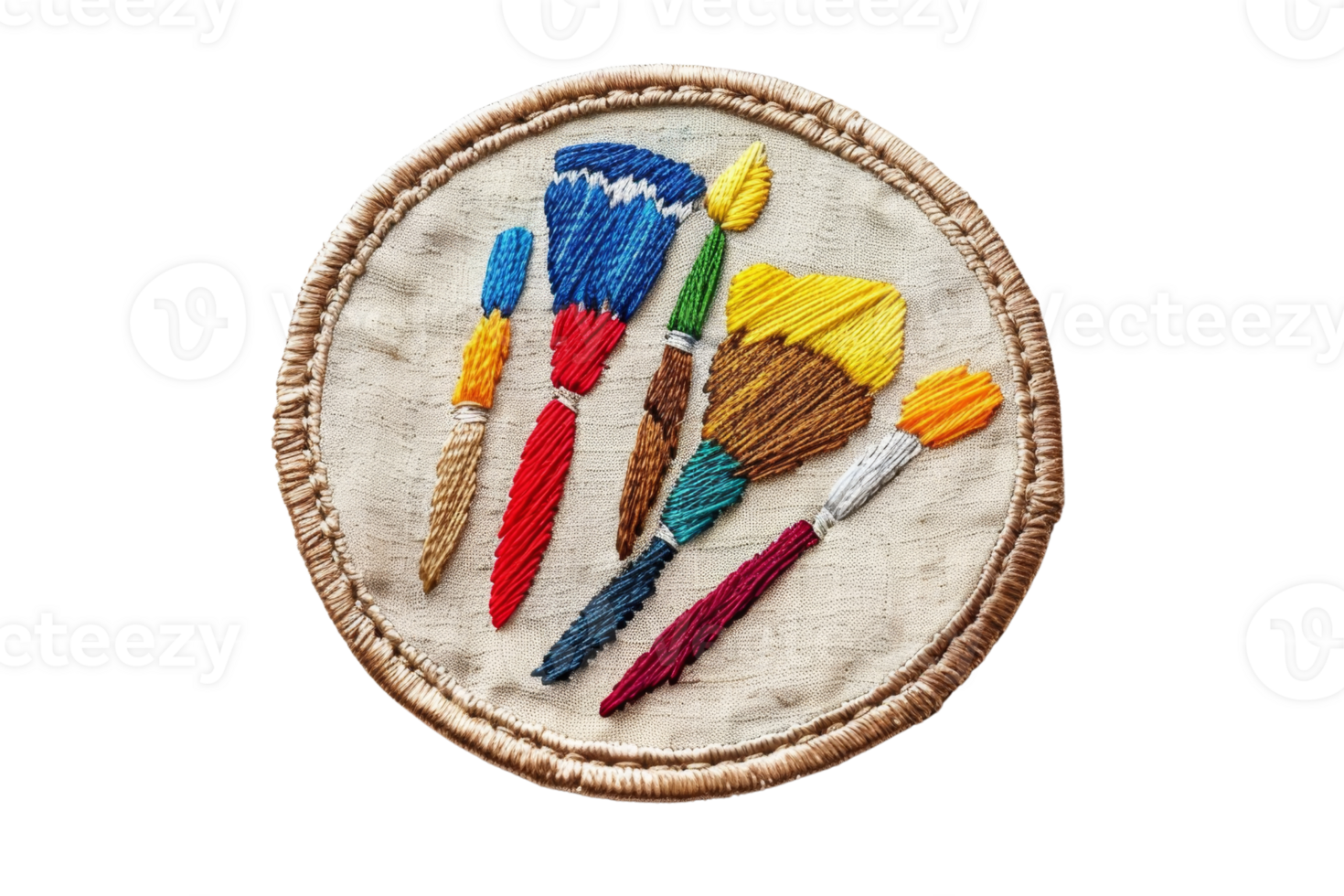 Colorful fabric patch featuring embroidered paintbrushes on a beige background, perfect for art enthusiasts and DIY projects. png