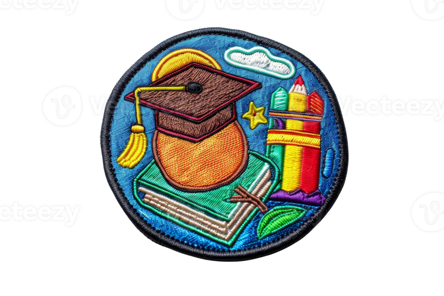 Colorful embroidered patch featuring a graduate cap, books, and school supplies, symbolizing education and learning. png