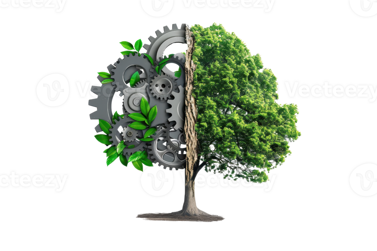 Conceptual image of half tree and half mechanical gears symbolizing the intersection of nature and technology, sustainability, and industry. png