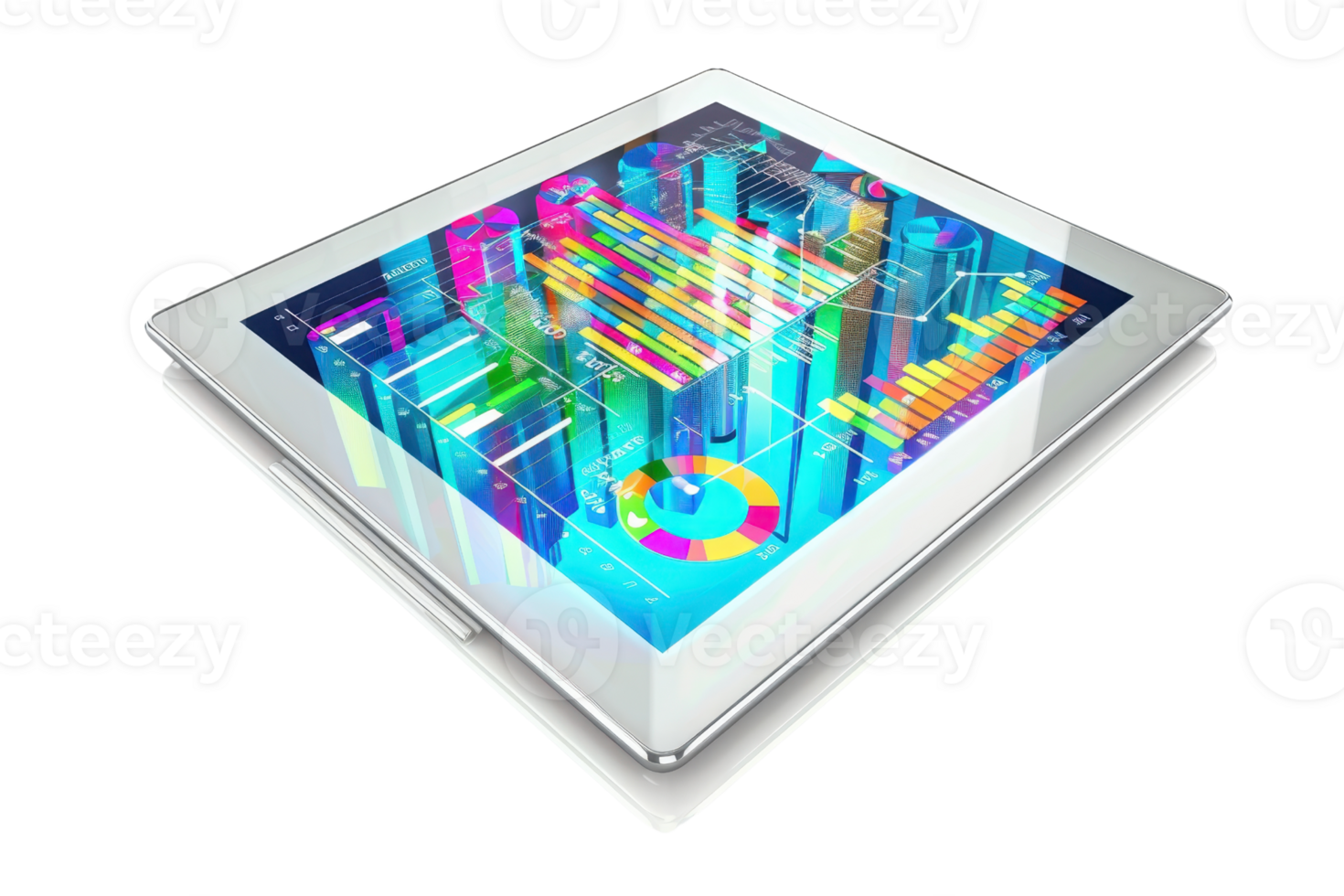 Digital tablet displaying colorful 3D business analytics and data visualizations. Perfect for technology and finance concepts. png