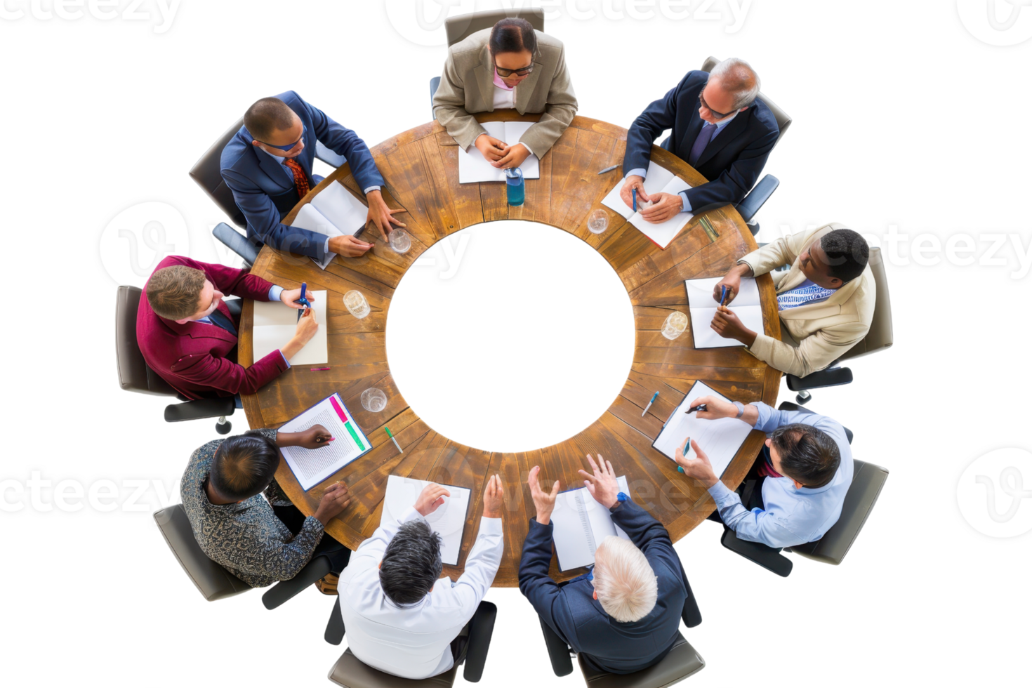 Diverse business team in a meeting, discussing strategies around a round table. Top view of professionals collaborating and brainstorming ideas. png