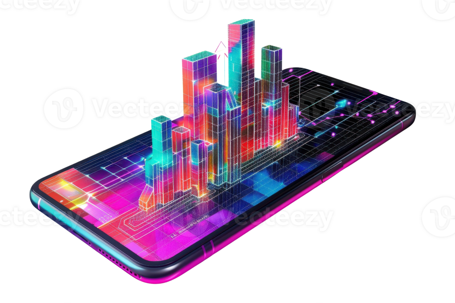 Futuristic digital cityscape emerging from a smartphone screen, showcasing vibrant colors and advanced technology concepts. png