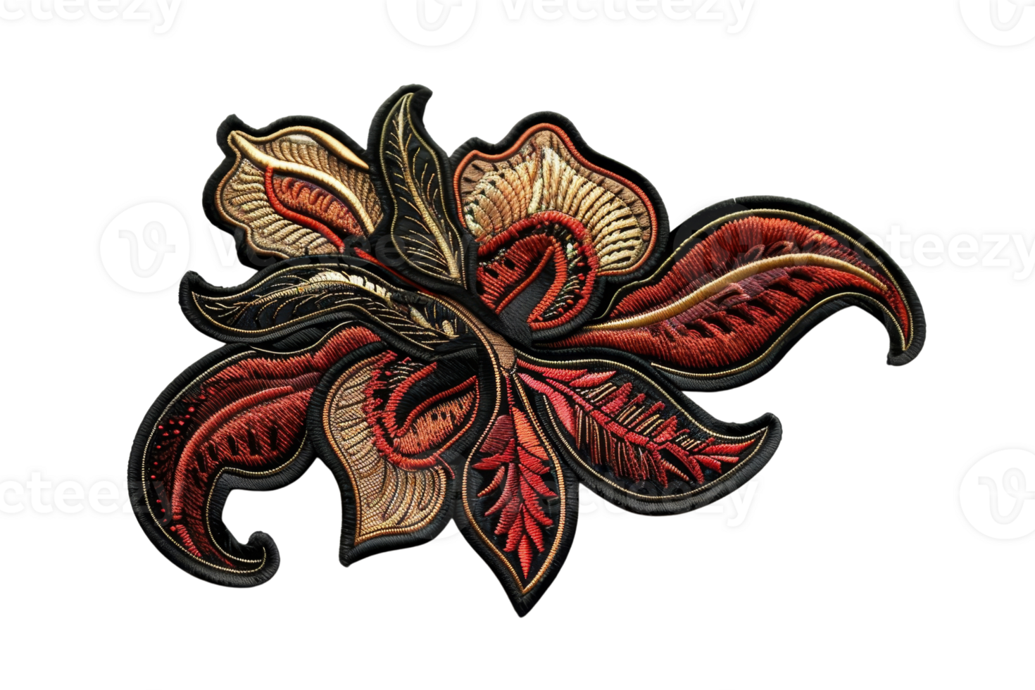 Intricate abstract floral design with detailed patterns in red, black, and gold on a transparent background. perfect for artistic and decorative purposes. png