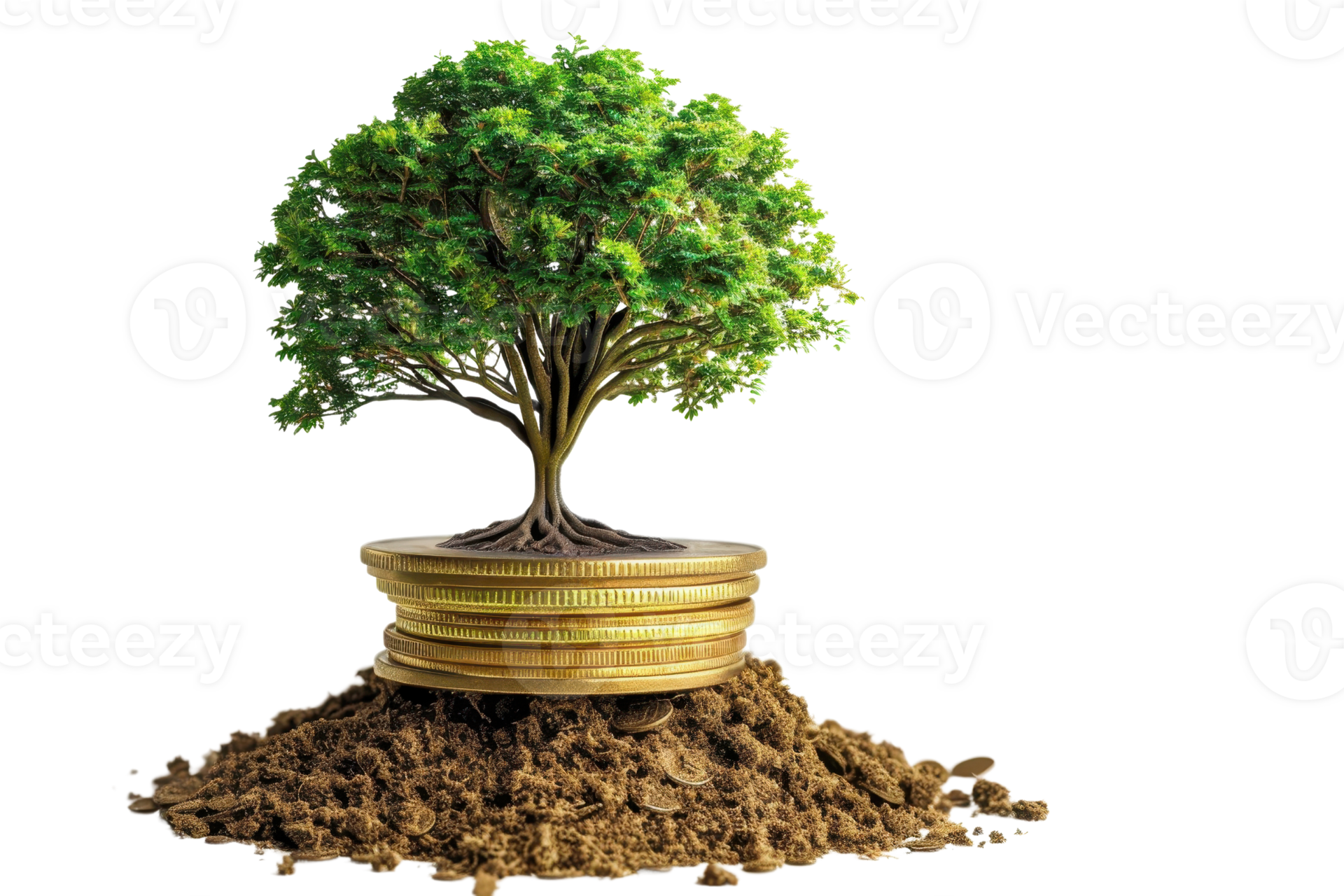 Green tree growing from a stack of golden coins placed on soil