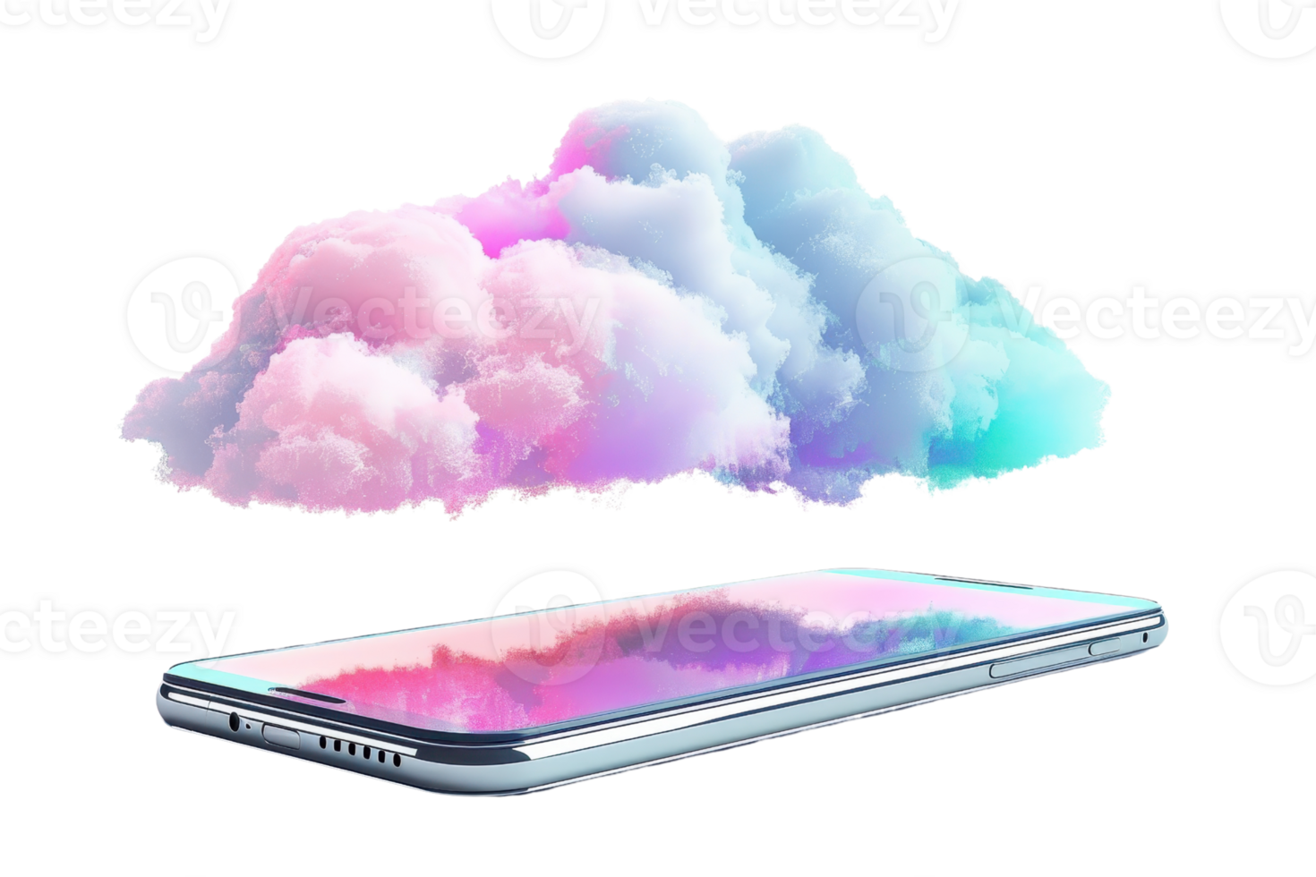 Modern smartphone with colorful cloud hovering above, representing digital cloud storage and technology innovation. png