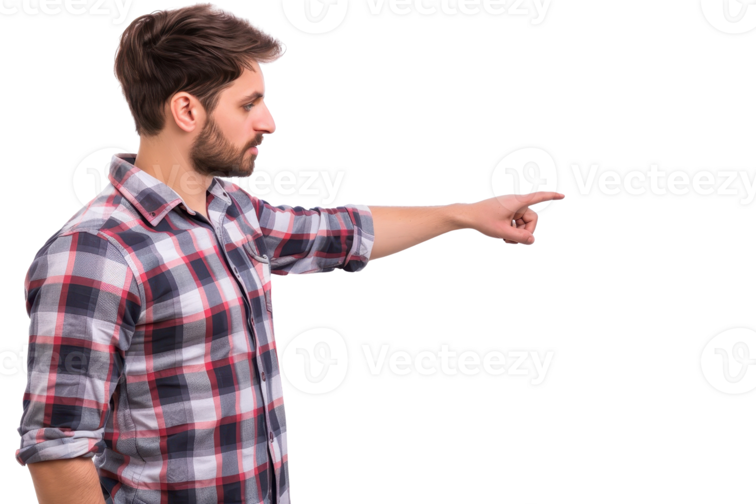 Man in a plaid shirt pointing to the side, isolated on a transparent background. He appears engaged and expressive, conveying direction or instruction. png