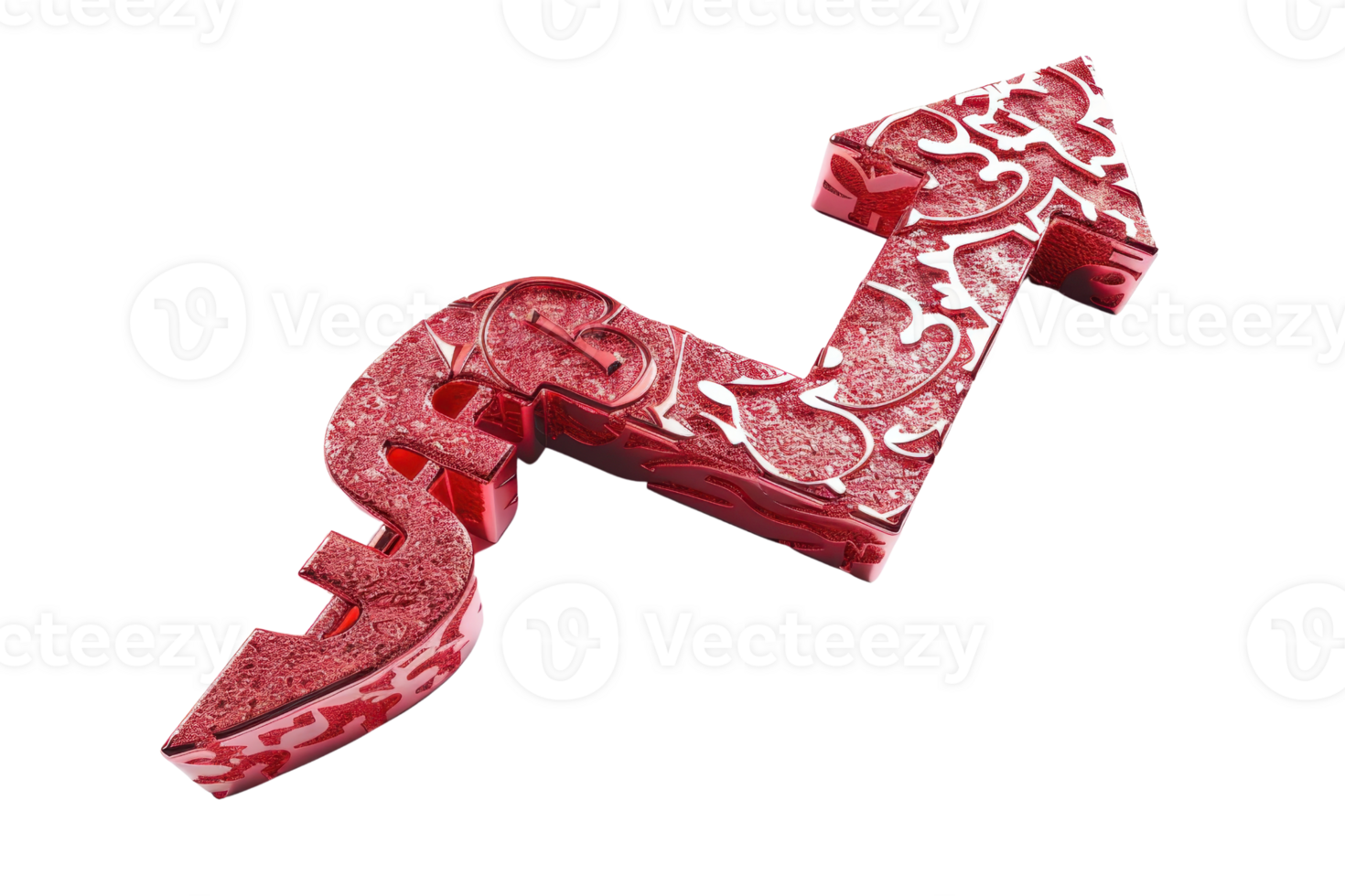 Red arrow design incorporating dollar sign symbolizing financial growth, success, and direction in vibrant mixed-pattern textures on transparent background. png