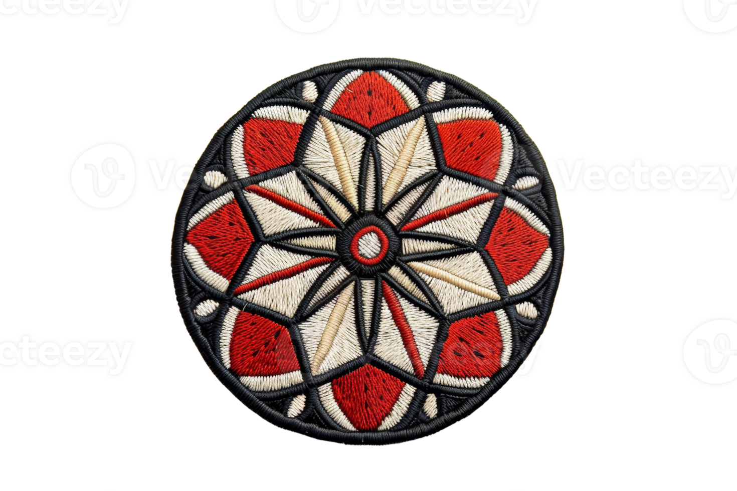 Intricate red and white geometric embroidery design on a circular patch, featuring symmetrical and detailed patterns. png