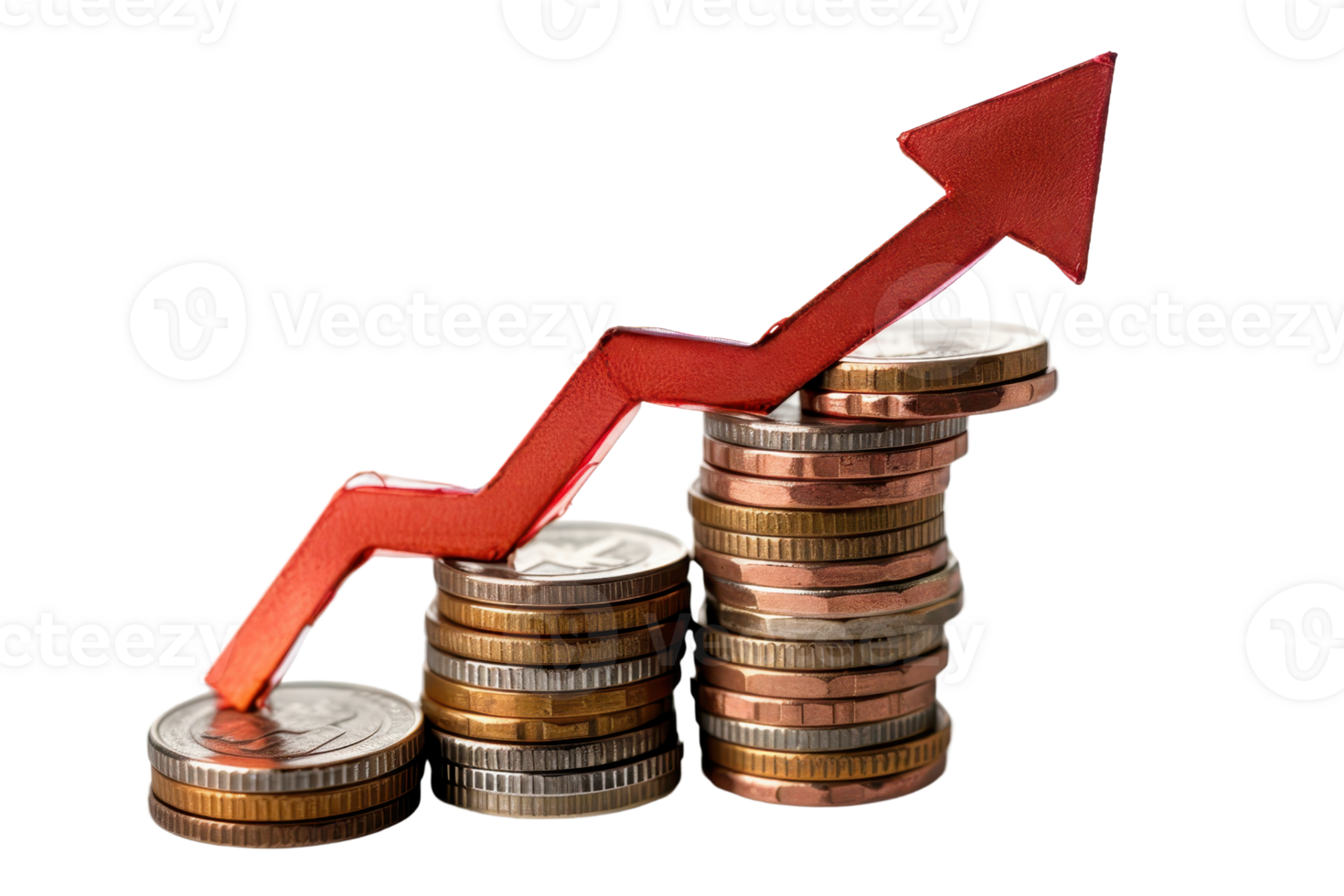 Stack of coins with a red upward arrow showing financial growth and success, representing investment and economic improvement. png