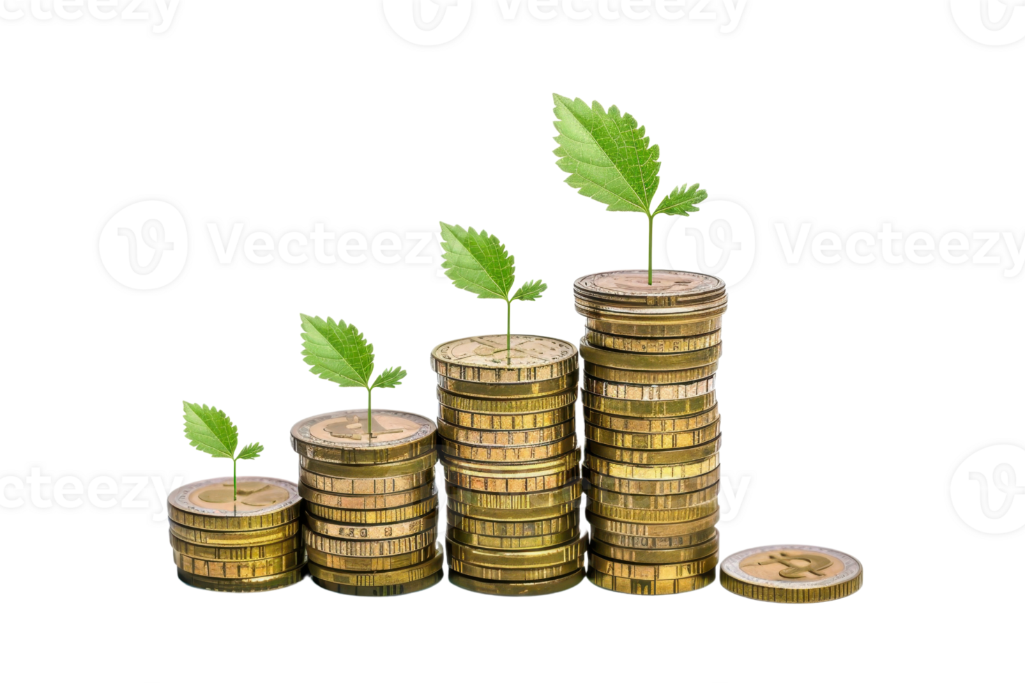 Stacks of coins with green plant sprouts, symbolizing financial growth, investment, and economic progress. png