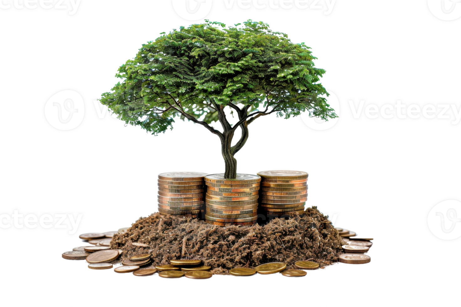 Tree growing from stacked coins symbolizing financial growth and investment in a business concept. png