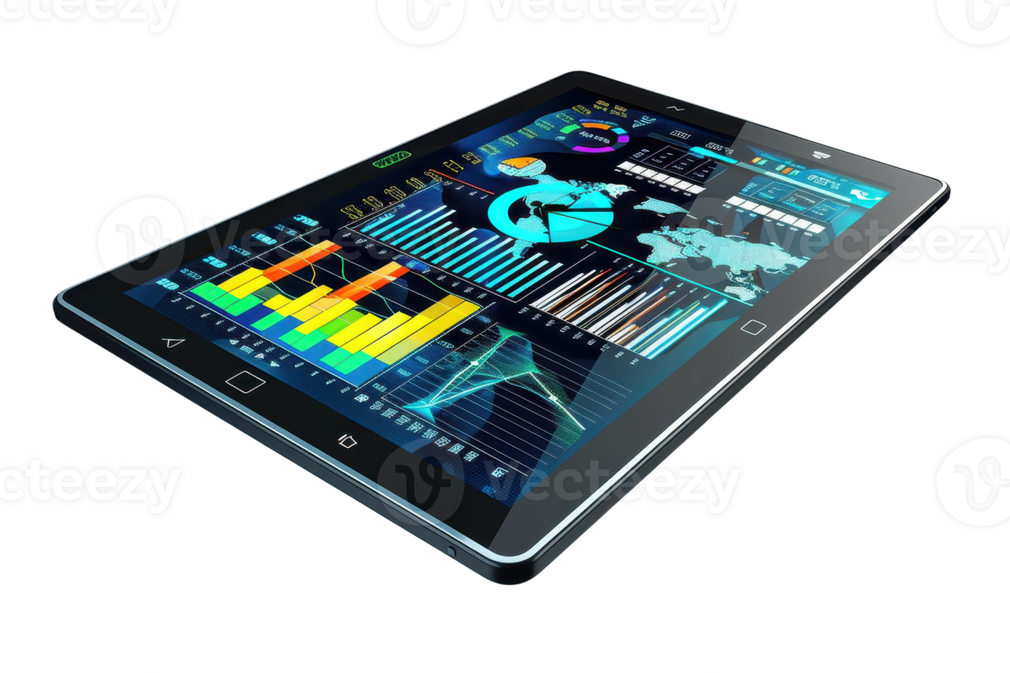 Tablet displaying interactive data analytics and charts, representing business and technology concepts. Ideal for tech and finance themes. png