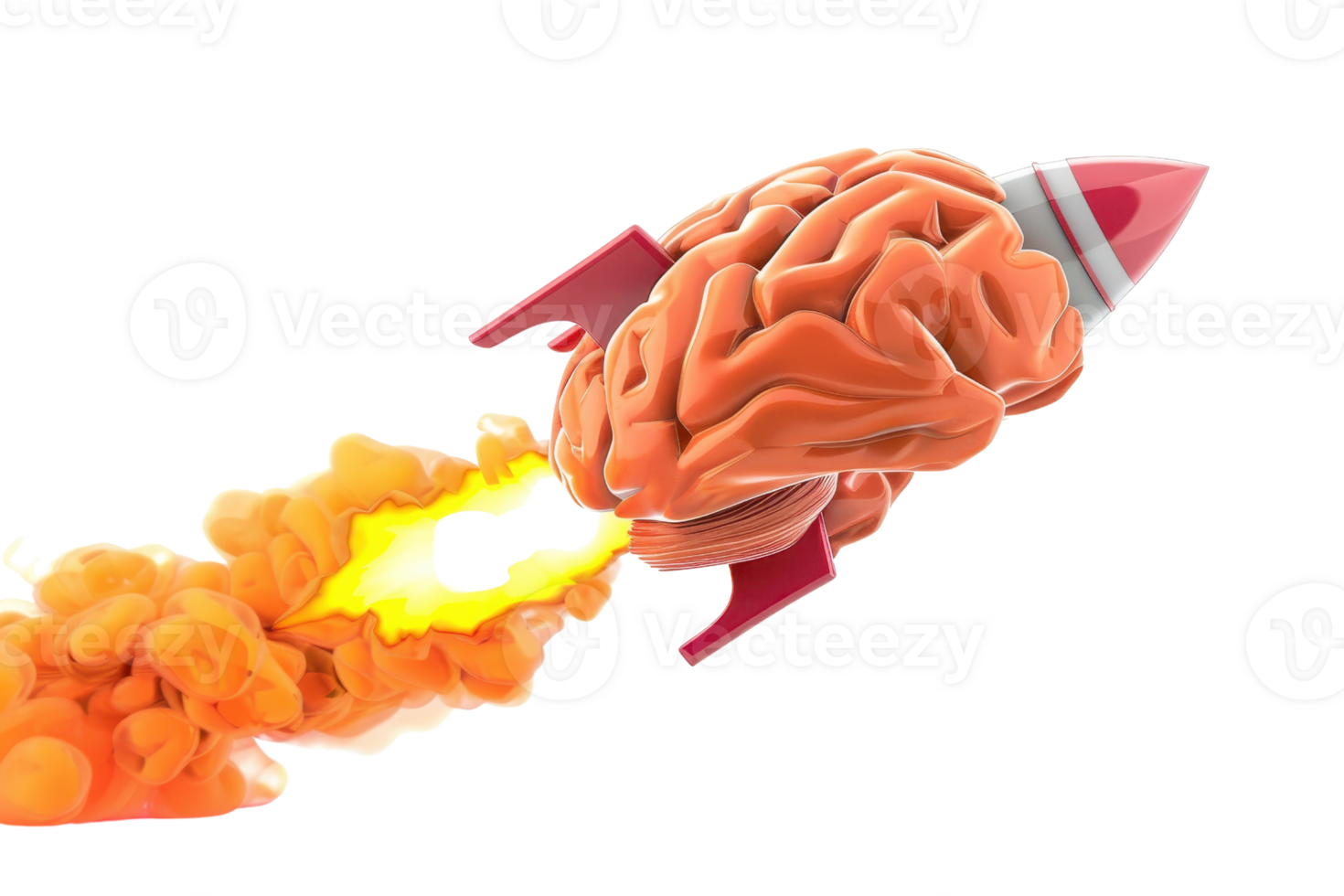 Creative depiction of a brain as a rocket, symbolizing innovation, intelligence, and the power of ideas taking flight with fiery propulsion. png