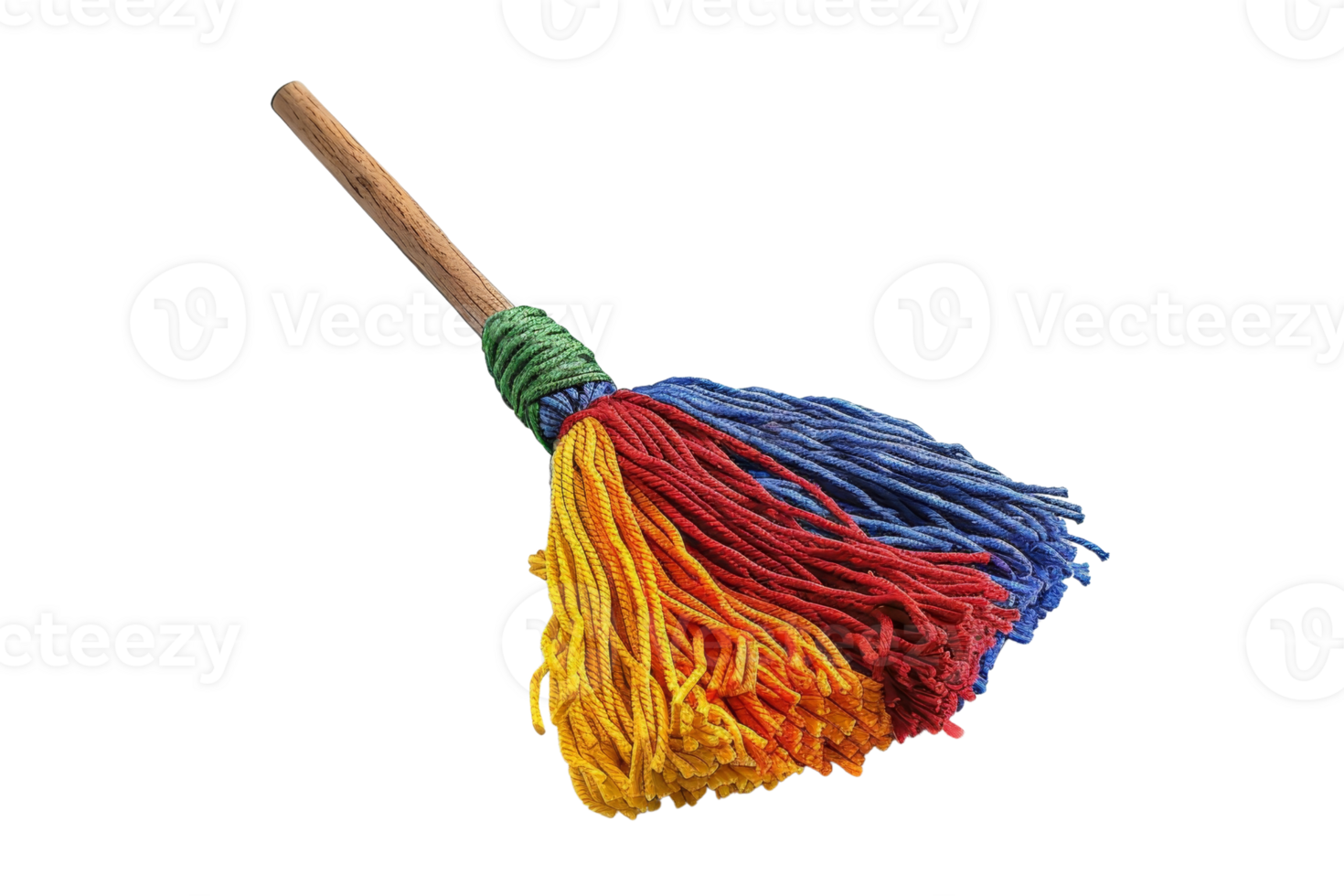Colorful mop with multicolored yarn strands, wooden handle, isolated on a transparent background. ideal for cleaning and household themes. png