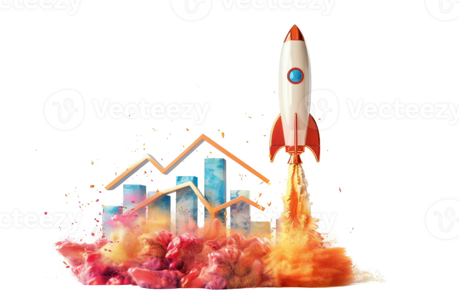Illustration of a rocket launching beside a growing graph, symbolizing business growth and success. png