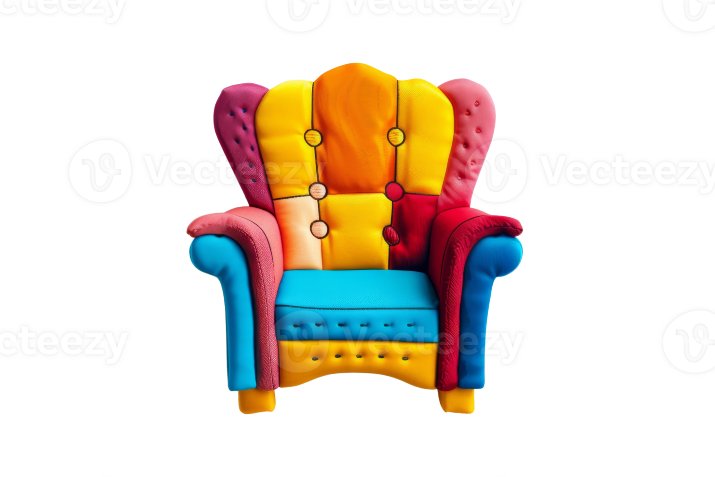 Vibrant multi-colored chair with a patchwork design, featuring bright hues and a whimsical style, perfect for modern and eclectic interiors. png