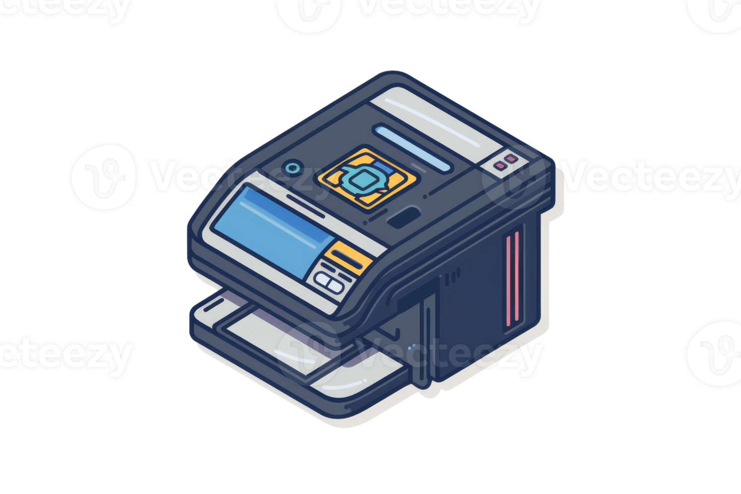 Isometric illustration of a modern multifunction printer with a display screen and control panel, perfect for office or business use. png