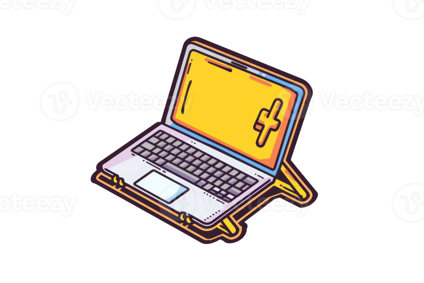 Colorful illustration of a laptop on a stand, symbolizing productivity, technology, and modern workspace solutions. png