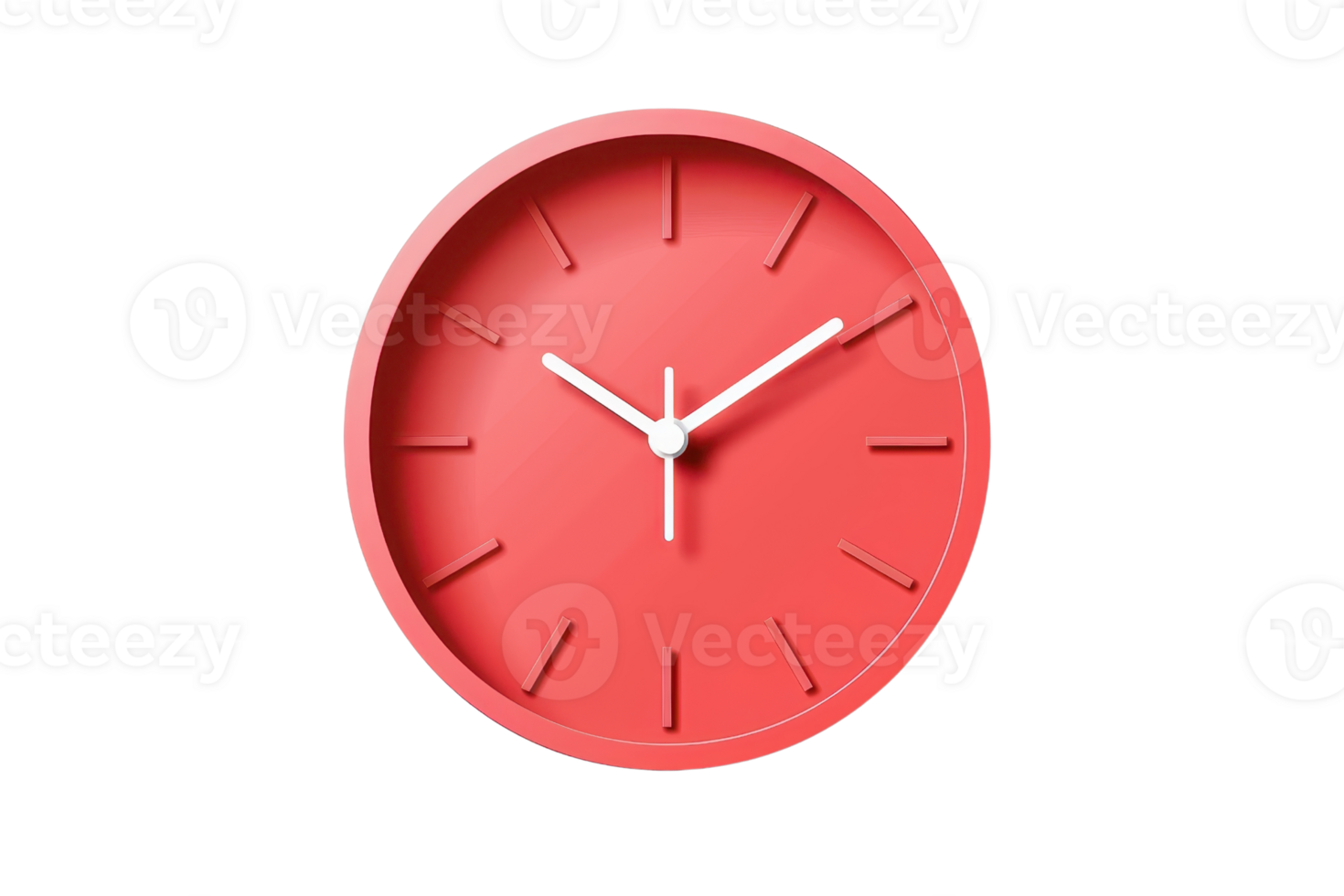Minimalistic red wall clock with white hands against a transparent background, perfect for timekeeping or decor themes. png