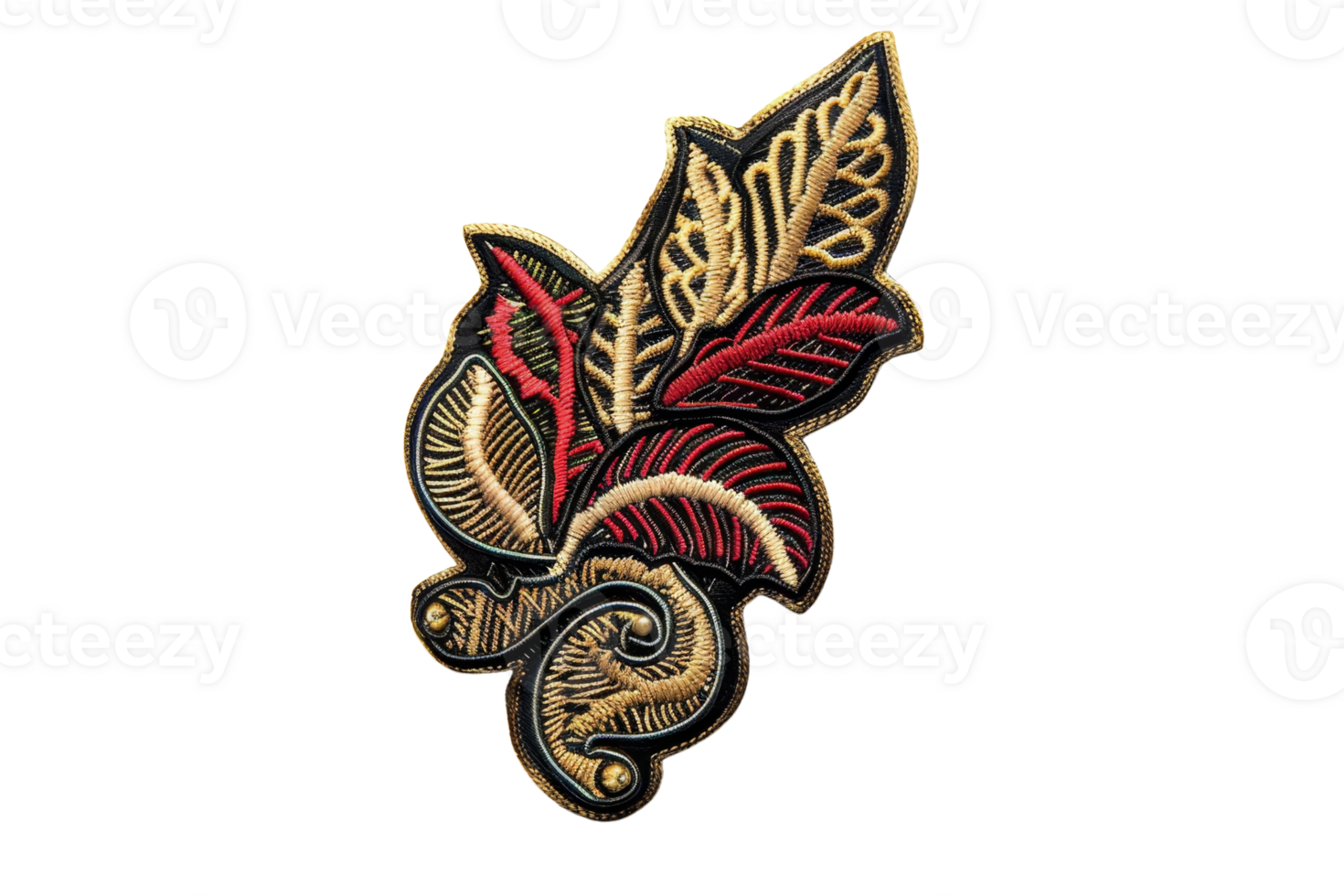 Intricate embroidered floral applique featuring gold, red, and black colors with detailed leaf patterns on a transparent background. png