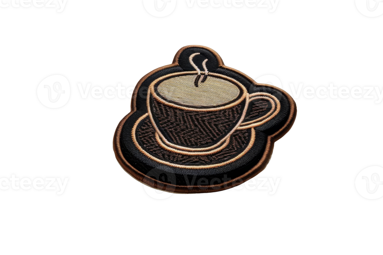 Embroidered patch of a steaming coffee cup on a saucer, perfect for decorating jackets, bags, or crafting projects. png