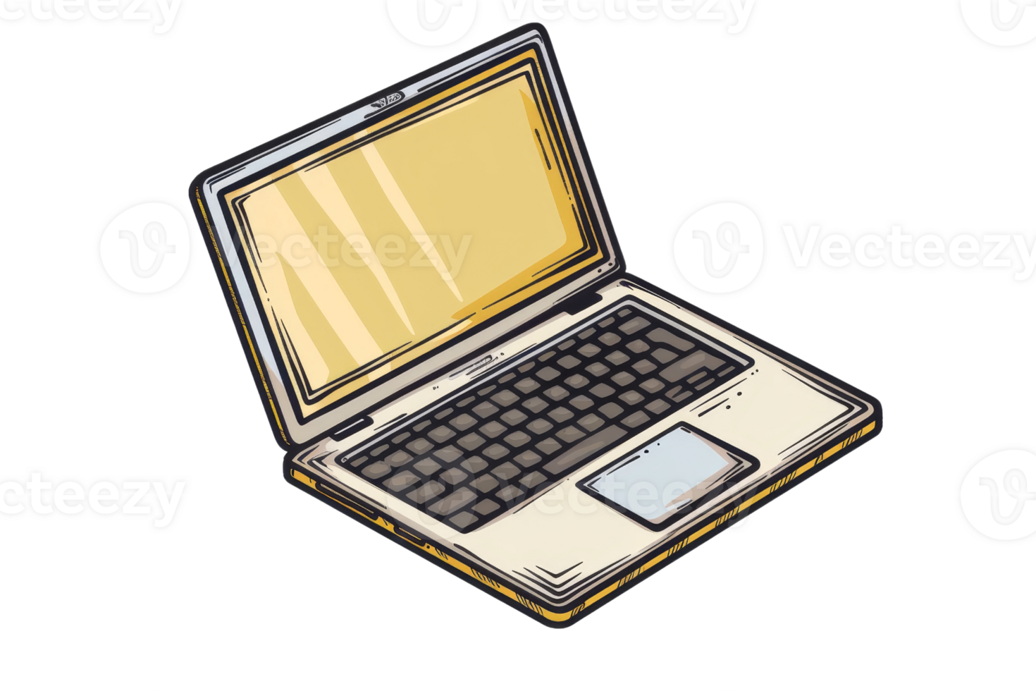 Illustration of an open laptop computer with a yellow screen, featuring a keyboard, touchpad, and detailed design elements. png