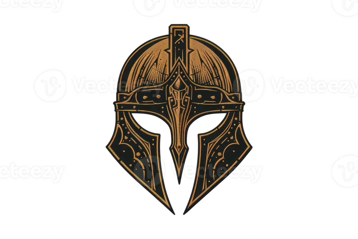 Detailed illustration of an ancient warrior helmet in gold and black hues, symbolizing strength, courage, and valor. png