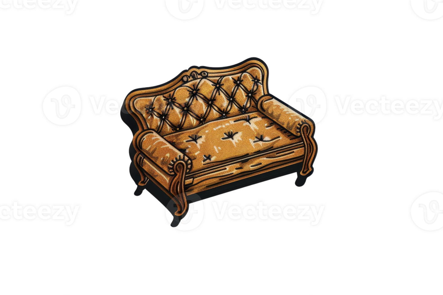 Vintage brown leather tufted sofa with intricate wooden frame, showcasing a classic elegant style, ideal for home decor or antique collection. png
