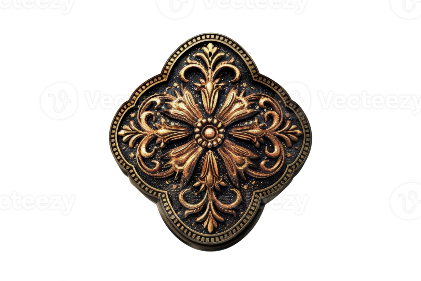 Ornate bronze emblem with intricate floral design, highlighted by deep carvings and antique finish. Perfect for vintage and decorative themes. png