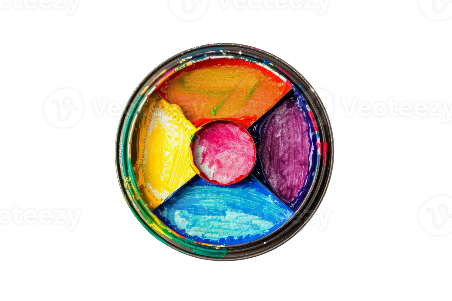 Circular arrangement of vibrant paint colors in a palette, inviting creativity. Ideal for artistic backgrounds or design projects. png