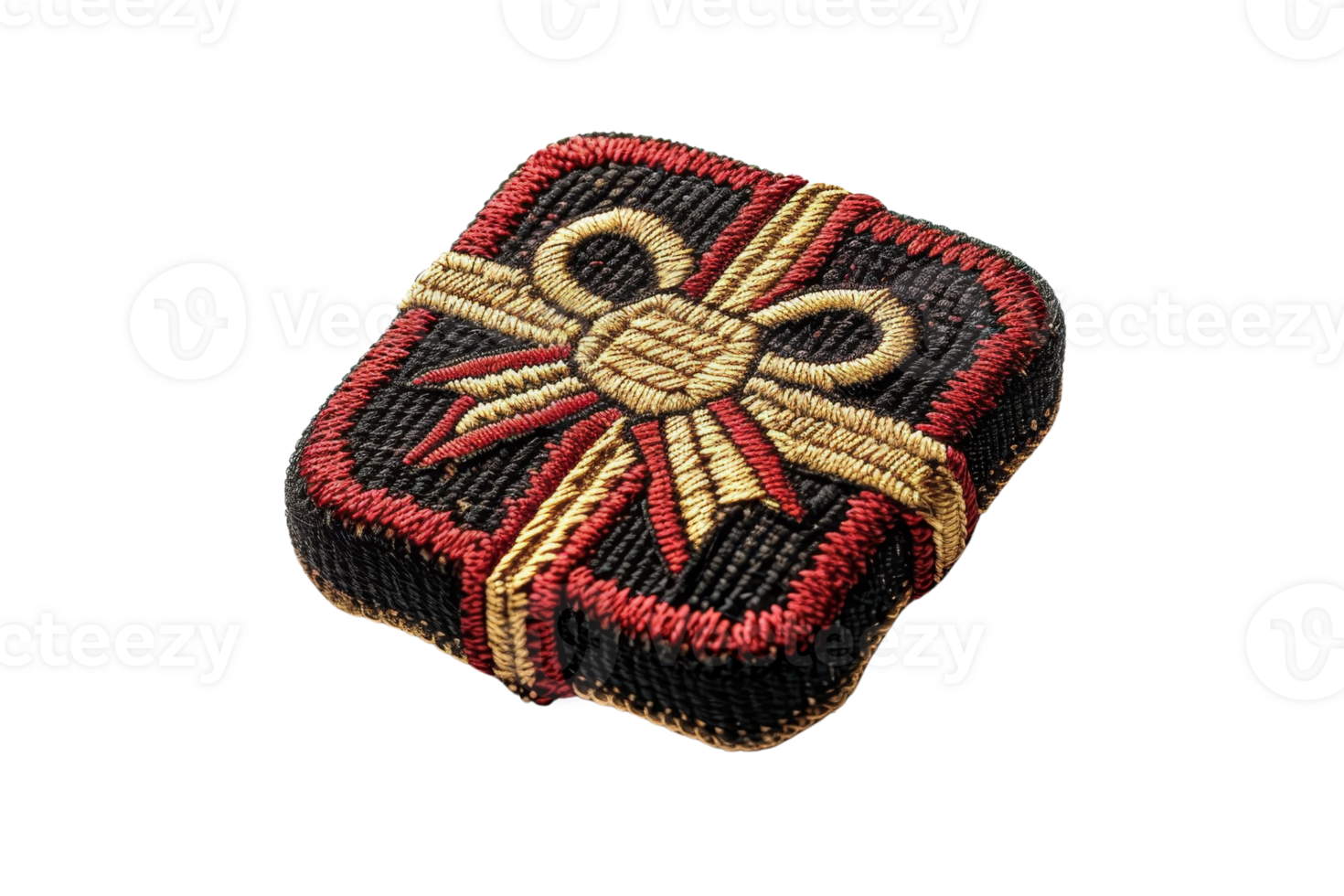 Intricately woven gift box patch adorned with yellow and red thread, featuring an elegant bow. Ideal for embellishments and creative projects. png