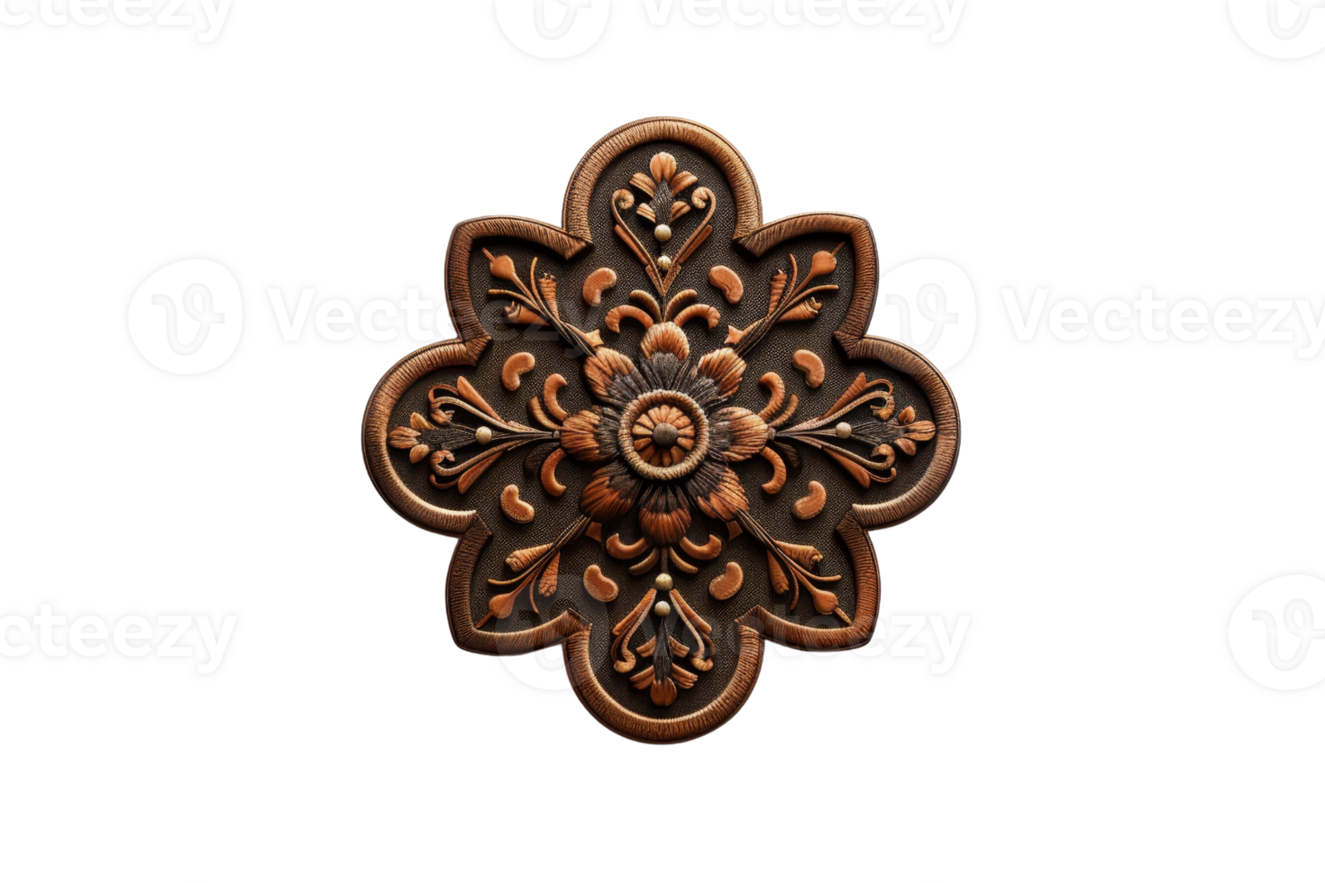 Intricate decorative floral wood carving with a dark brown finish, showcasing detailed craftsmanship in an isolated view. png