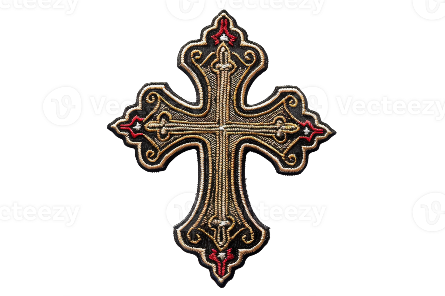 Elegant ornate cross with intricate design in black, gold, and red, representing religious and spiritual significance. png