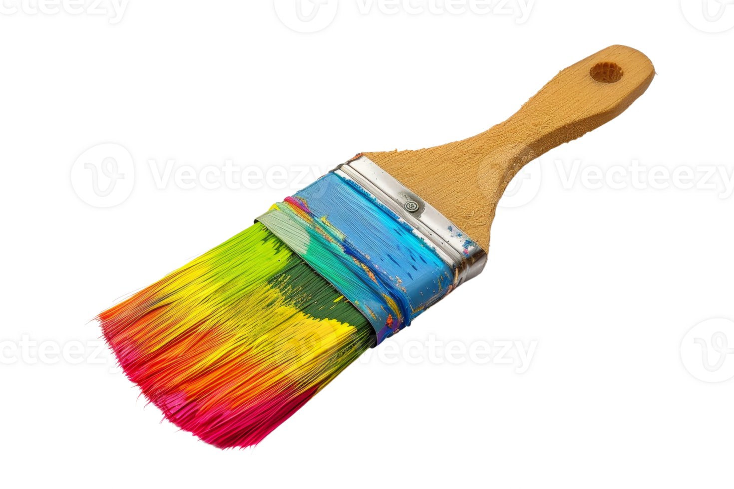 Vibrant paintbrush with colorful rainbow bristles on a wooden handle, isolated on transparent background. symbolizing creativity and art. png