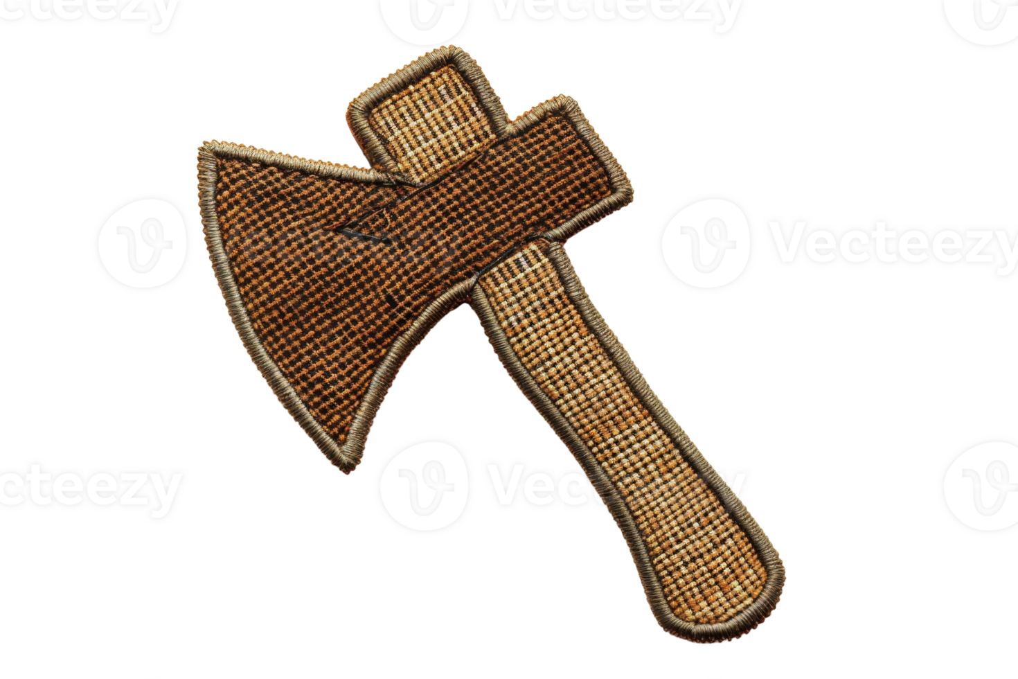 Brown traditional hand-woven axe patch isolated on a transparent background. showcasing intricate craftsmanship and rustic design details. png