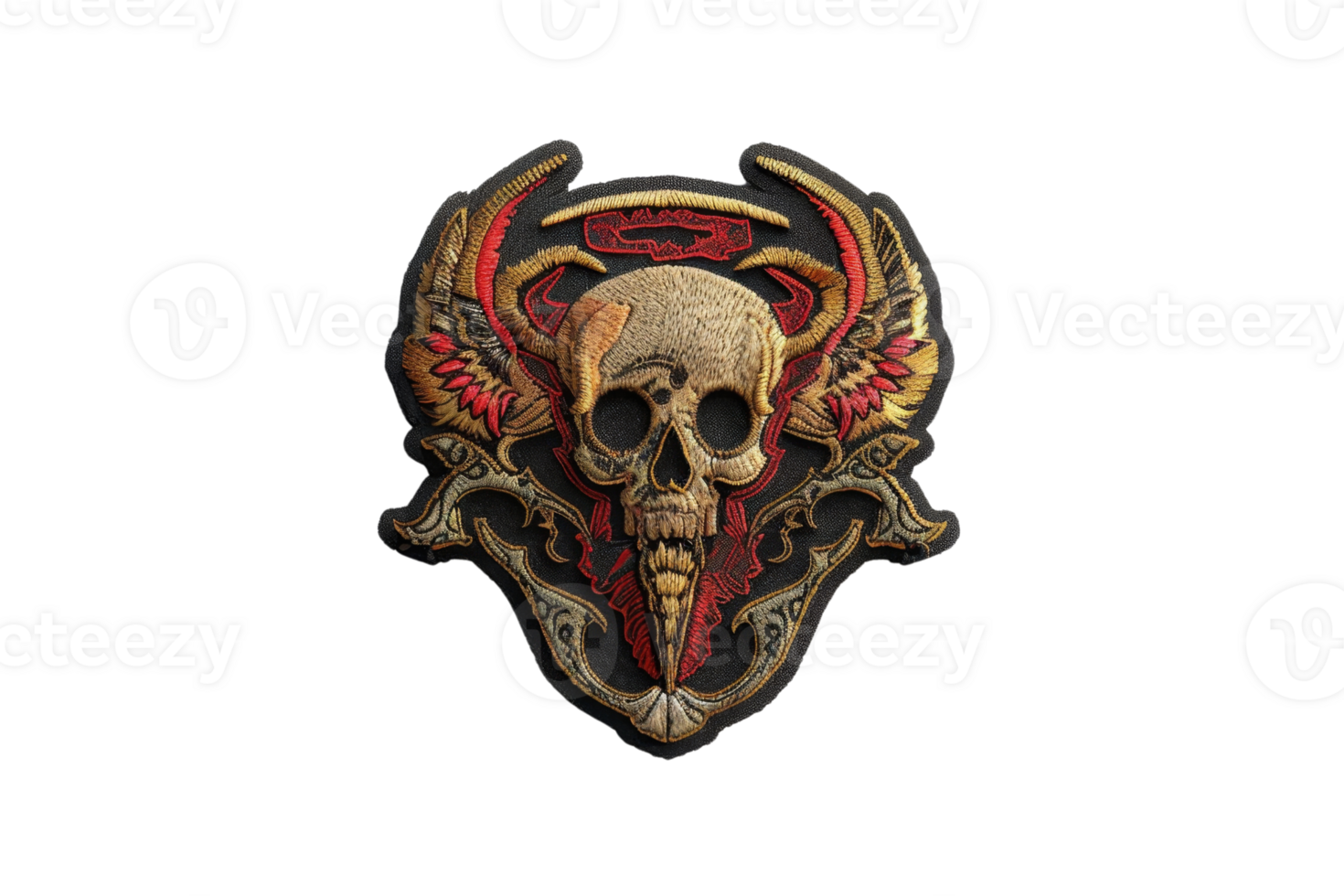 Detailed ornamental skull emblem with intricate designs and red accents on a dark background. Ideal for gothic or fantasy themes. png