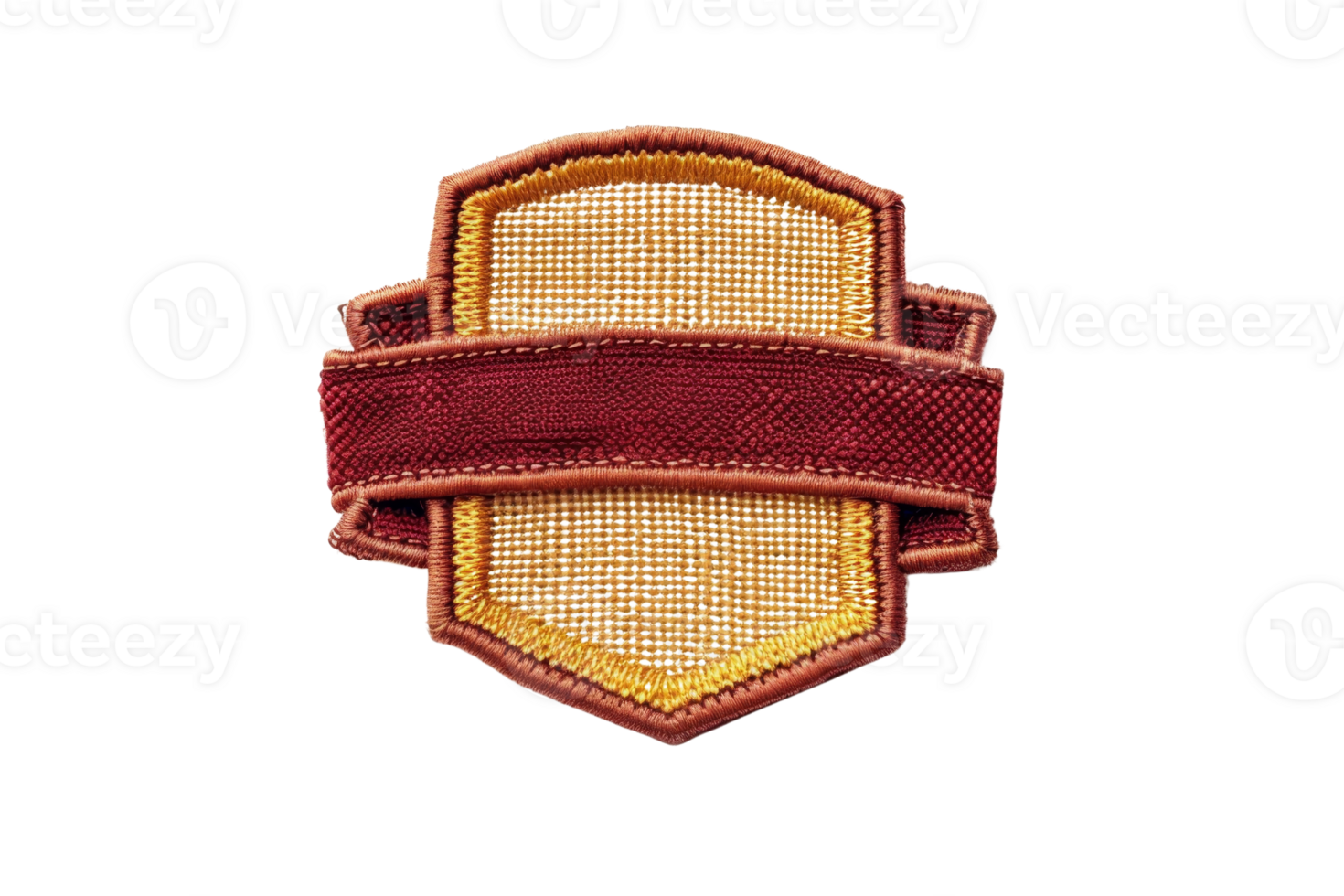 Embroidered patch of a shield with a blank red ribbon, perfect for customization and decoration on clothing or accessories. png