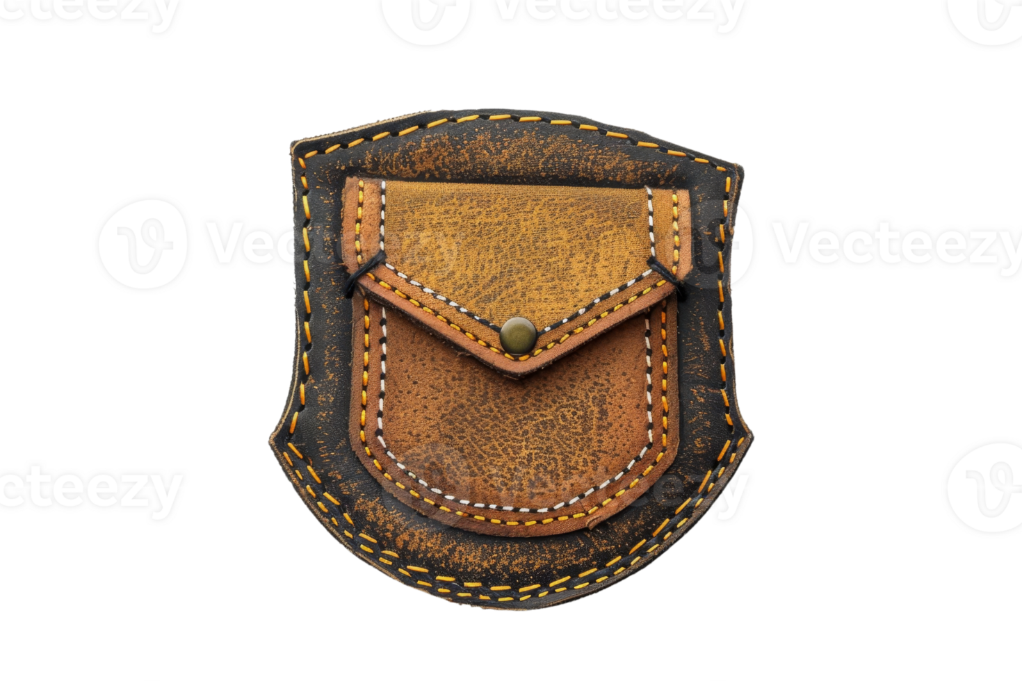 High-quality close-up of a rustic leather pouch with intricate stitching, ideal for vintage themes and handcrafted accessory collections. png