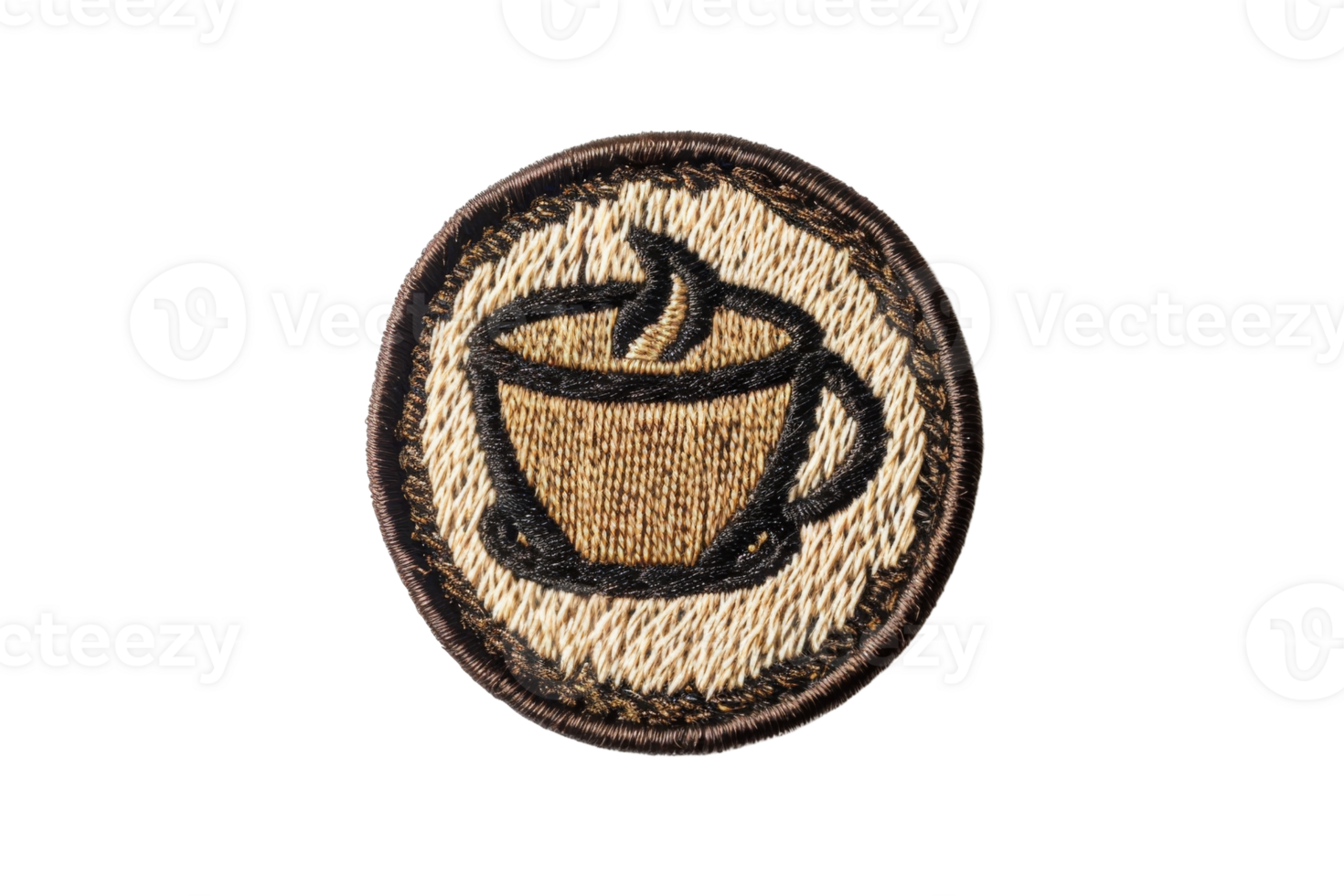 Handcrafted embroidered patch of a coffee cup with steam, perfect for clothing, bags, and accessories, adding a cozy and artistic touch. png