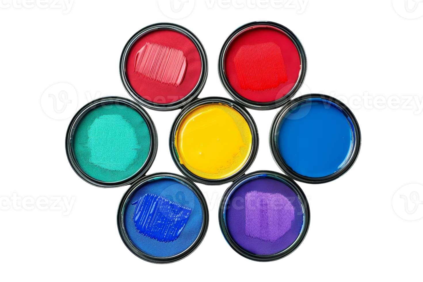Top view of six pots of colorful paint arranged in a circle, displaying vibrant hues of red, green, blue, yellow, and purple. png