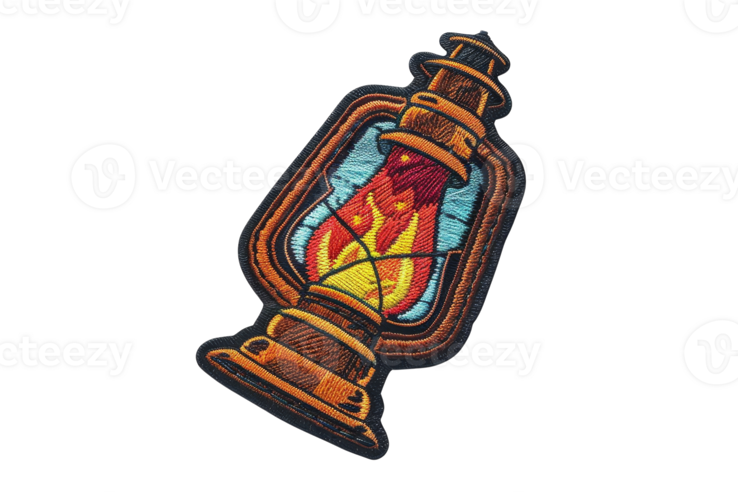 Vintage embroidered lantern patch with a vibrant flame, perfect for customizing jackets, bags, and hats. Ideal for adding a touch of retro charm. png